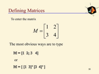 Defining Matrices
30
To enter the matrix







43
21
M
The most obvious ways are to type
or
 