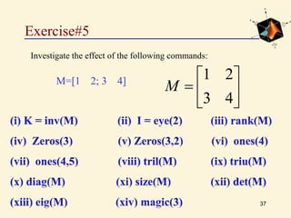 Exercise#5
37
Investigate the effect of the following commands:







43
21
MM=[1 2; 3 4]
 