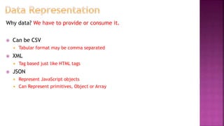 Why data? We have to provide or consume it.
 Can be CSV
 Tabular format may be comma separated
 XML
 Tag based just like HTML tags
 JSON
 Represent JavaScript objects
 Can Represent primitives, Object or Array
 