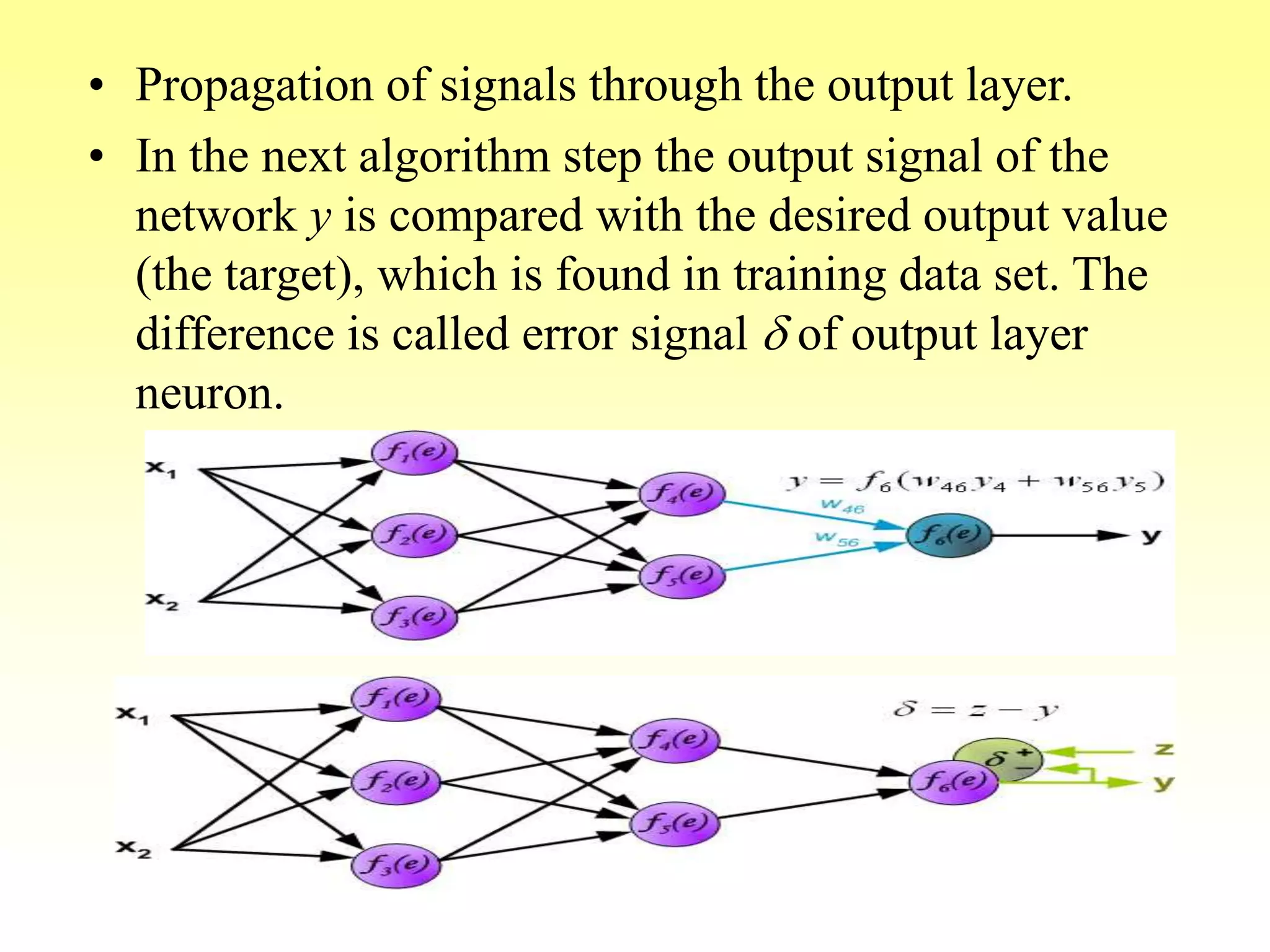 • Propagation of signals through the output layer.
• In the next algorithm step the output signal of the
network y is compared with the desired output value
(the target), which is found in training data set. The
difference is called error signal d of output layer
neuron.
 