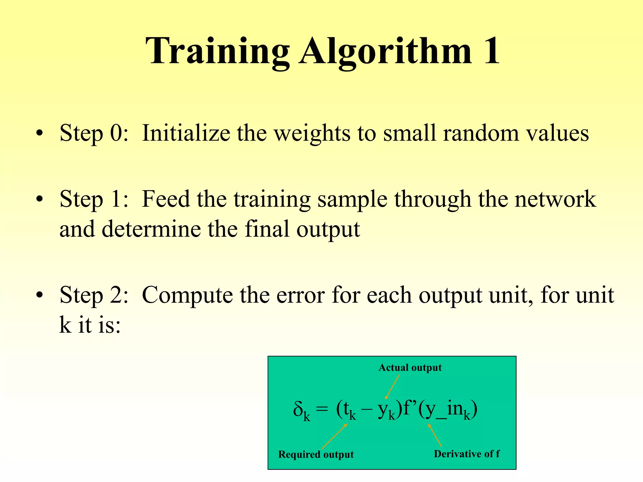 Training Algorithm 1
• Step 0: Initialize the weights to small random values
• Step 1: Feed the training sample through the network
and determine the final output
• Step 2: Compute the error for each output unit, for unit
k it is:
dk = (tk – yk)f’(y_ink)
Required output
Actual output
Derivative of f
 