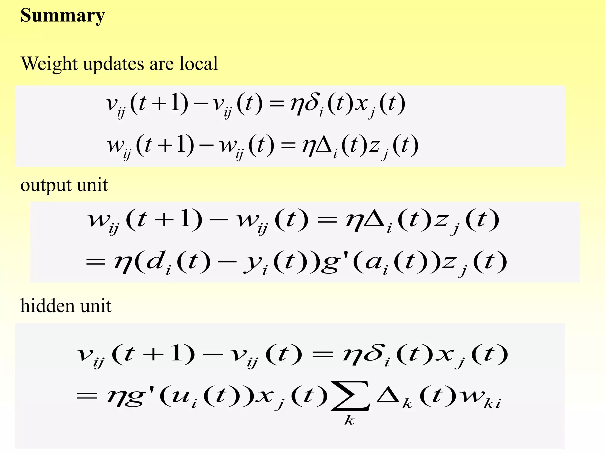 Summary
Weight updates are local
output unit
hidden unit
)()()()1(
)()()()1(
tzttwtw
txttvtv
jiijij
jiijij
D

h
hd
D

k
kikji
jiijij
wttxtug
txttvtv
)()())(('
)()()()1(
h
hd
)())(('))()((
)()()()1(
tztagtytd
tzttwtw
jiii
jiijij

D
h
h
 