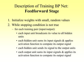 Description of Training BP Net:
Feedforward Stage
1. Initialize weights with small, random values
2. While stopping condition is not true
– for each training pair (input/output):
• each input unit broadcasts its value to all hidden
units
• each hidden unit sums its input signals & applies
activation function to compute its output signal
• each hidden unit sends its signal to the output units
• each output unit sums its input signals & applies its
activation function to compute its output signal
 