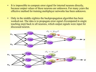 • It is impossible to compute error signal for internal neurons directly,
because output values of these neurons are unknown. For many years the
effective method for training multiplayer networks has been unknown.
• Only in the middle eighties the backpropagation algorithm has been
worked out. The idea is to propagate error signal d (computed in single
teaching step) back to all neurons, which output signals were input for
discussed neuron.
 