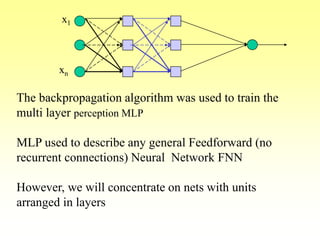 The backpropagation algorithm was used to train the
multi layer perception MLP
MLP used to describe any general Feedforward (no
recurrent connections) Neural Network FNN
However, we will concentrate on nets with units
arranged in layers
x1
xn
 