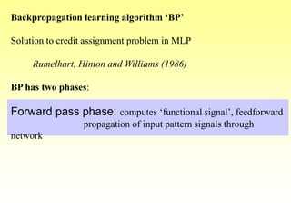 Backpropagation learning algorithm ‘BP’
Solution to credit assignment problem in MLP
Rumelhart, Hinton and Williams (1986)
BP has two phases:
Forward pass phase: computes ‘functional signal’, feedforward
propagation of input pattern signals through
network
 