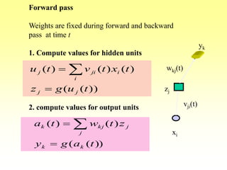 Forward pass
Weights are fixed during forward and backward
pass at time t
1. Compute values for hidden units
2. compute values for output units
))((
)()()(
tugz
txtvtu
jj
i
ijij

 
))((
)()(
tagy
ztwta
kk
j
jkjk

 
xi
vji(t)
wkj(t)
zj
yk
 