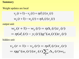 Summary
Weight updates are local
output unit
hidden unit
)()()()1(
)()()()1(
tzttwtw
txttvtv
jiijij
jiijij
D

h
hd
D

k
kikji
jiijij
wttxtug
txttvtv
)()())(('
)()()()1(
h
hd
)())(('))()((
)()()()1(
tztagtytd
tzttwtw
jiii
jiijij

D
h
h
 