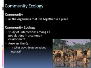 Community Ecology
 Community
 all the organisms that live together in a place
 Community Ecology
 study of interactions among all
populations in a common
environment
 Answers the Q:
 In what ways do populations
interact?
 