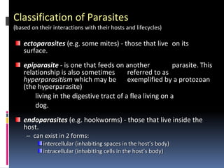 Classification of Parasites
(based on their interactions with their hosts and lifecycles)
ectoparasites (e.g. some mites) - those that live on its
surface.
epiparasite - is one that feeds on another parasite. This
relationship is also sometimes referred to as
hyperparasitism which may be exemplified by a protozoan
(the hyperparasite)
living in the digestive tract of a flea living on a
dog.
endoparasites (e.g. hookworms) - those that live inside the
host.
– can exist in 2 forms:
intercellular (inhabiting spaces in the host’s body)
intracellular (inhabiting cells in the host’s body)
 