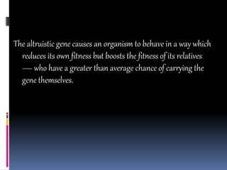 The altruistic gene causes an organism to behave in a way which
reduces its own fitness but boosts the fitness of its relatives
— who have a greater than average chance of carrying the
gene themselves.
 