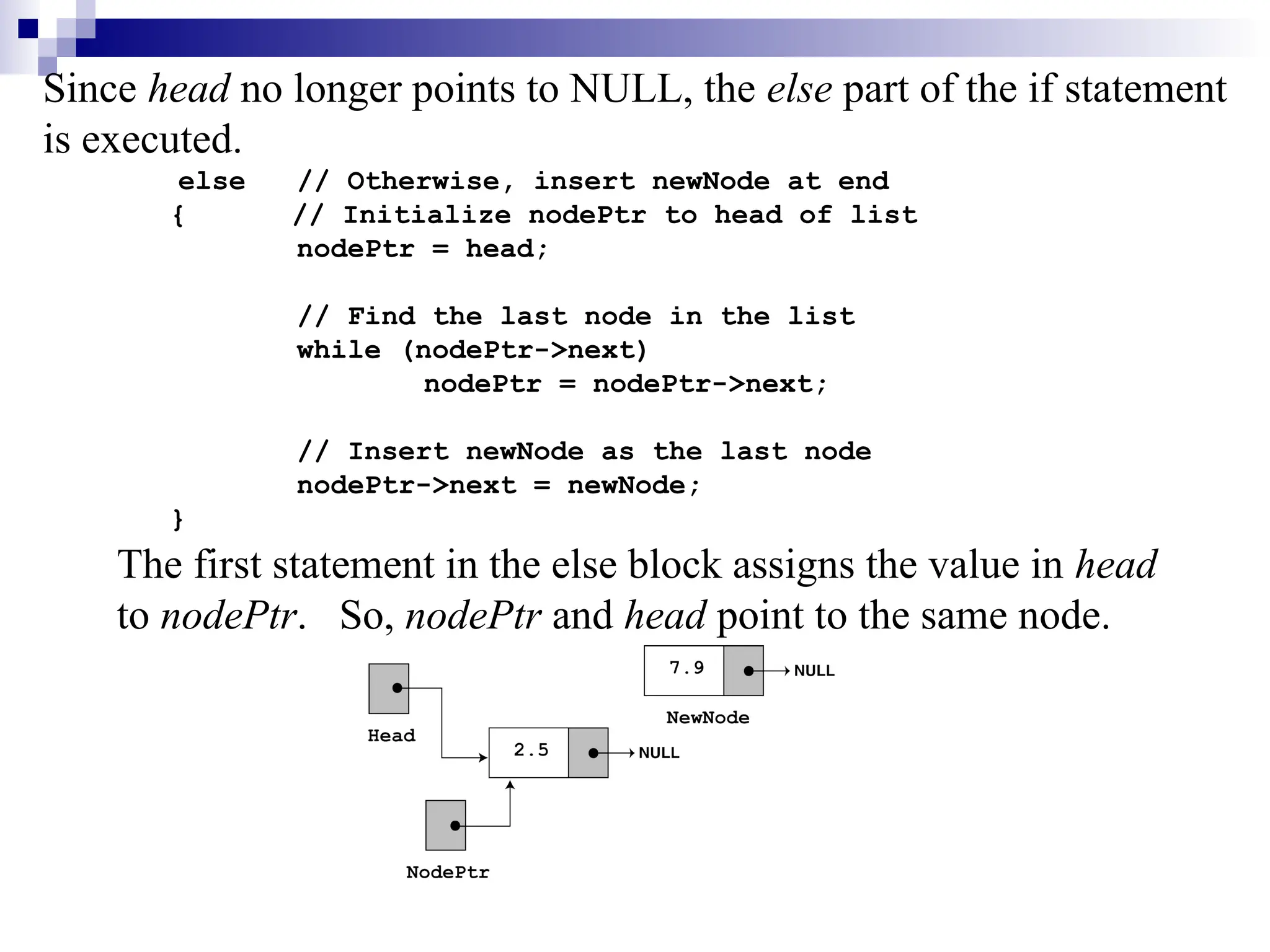 Since head no longer points to NULL, the else part of the if statement
is executed.
else // Otherwise, insert newNode at end
{ // Initialize nodePtr to head of list
nodePtr = head;
// Find the last node in the list
while (nodePtr->next)
nodePtr = nodePtr->next;
// Insert newNode as the last node
nodePtr->next = newNode;
}
The first statement in the else block assigns the value in head
to nodePtr. So, nodePtr and head point to the same node.
 