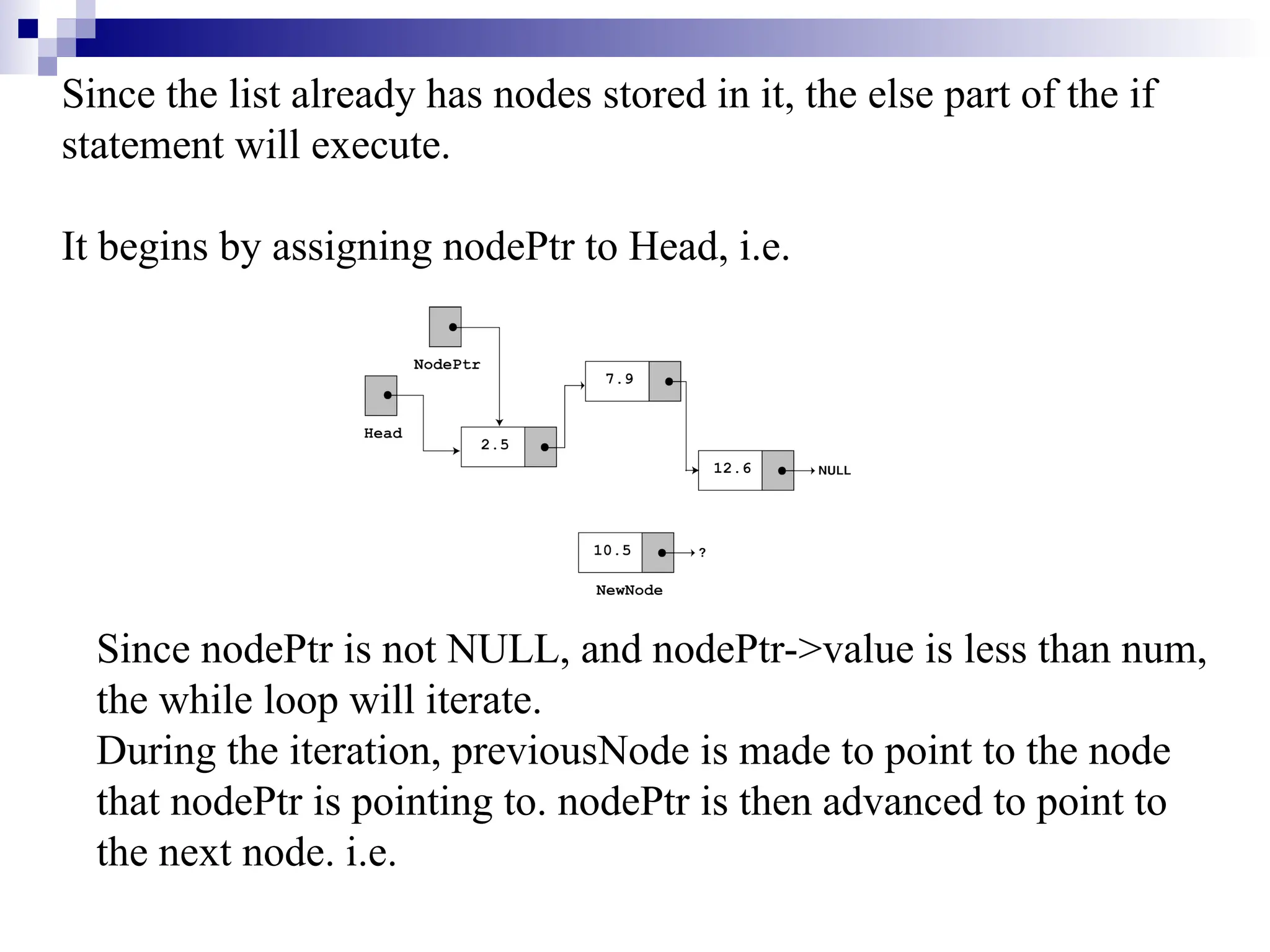Since the list already has nodes stored in it, the else part of the if
statement will execute.
It begins by assigning nodePtr to Head, i.e.
Since nodePtr is not NULL, and nodePtr->value is less than num,
the while loop will iterate.
During the iteration, previousNode is made to point to the node
that nodePtr is pointing to. nodePtr is then advanced to point to
the next node. i.e.
 