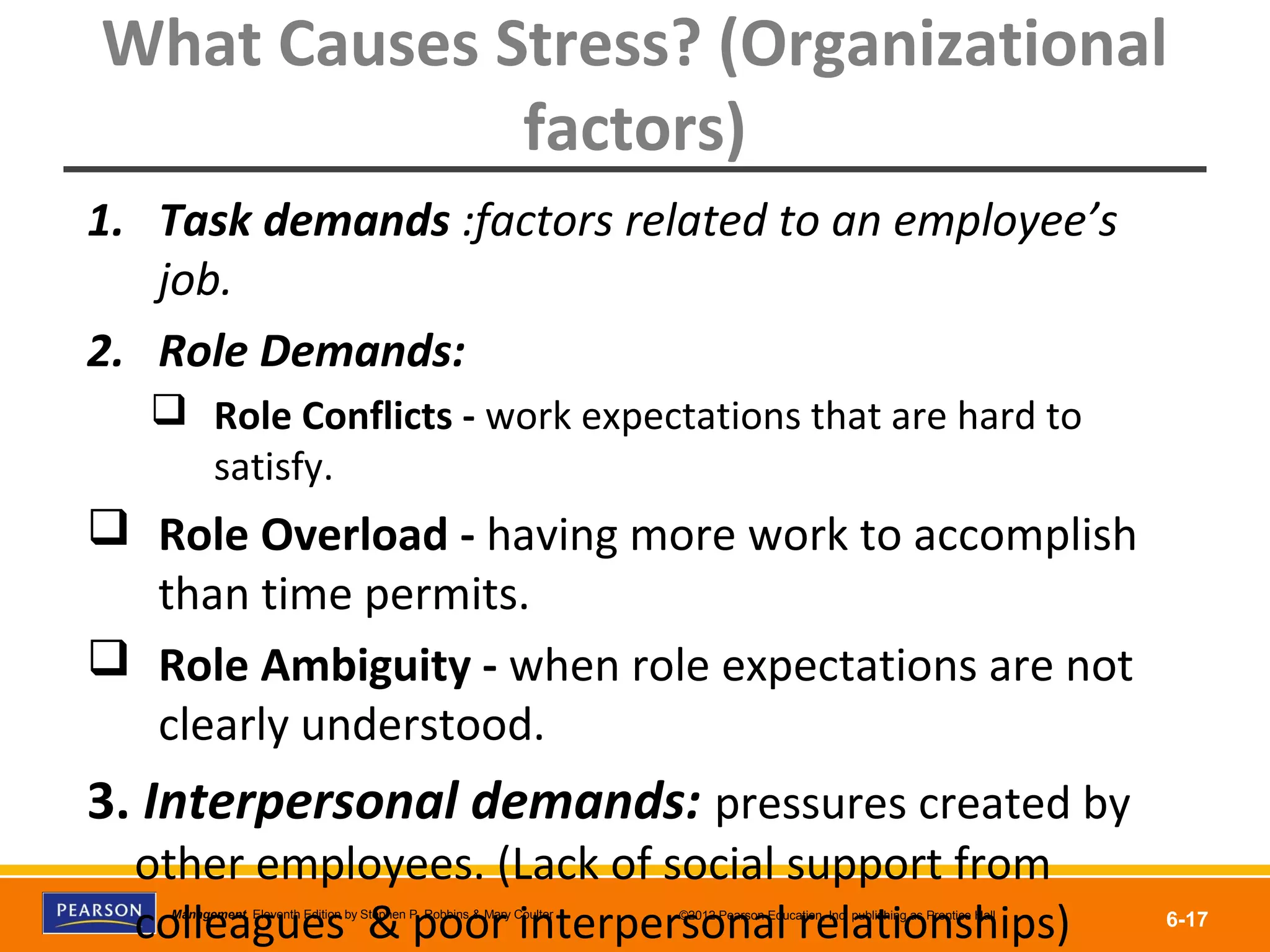 Copyright © 2012 Pearson Education, Inc.
Publishing as Prentice HallManagement, Eleventh Edition by Stephen P. Robbins & Mary Coulter ©2012 Pearson Education, Inc. publishing as Prentice Hall
6-17
What Causes Stress? (Organizational
factors)
1. Task demands :factors related to an employee’s
job.
2. Role Demands:
 Role Conflicts - work expectations that are hard to
satisfy.
 Role Overload - having more work to accomplish
than time permits.
 Role Ambiguity - when role expectations are not
clearly understood.
3. Interpersonal demands: pressures created by
other employees. (Lack of social support from
colleagues & poor interpersonal relationships)
 