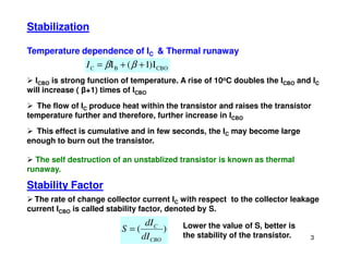 Stabilization
Temperature dependence of IC  Thermal runaway
CBO
B I
)
1
(
I +
+
= β
β
C
I
 ICBO is strong function of temperature. A rise of 10oC doubles the ICBO and IC
will increase ( β+1) times of ICBO
 The flow of IC produce heat within the transistor and raises the transistor
temperature further and therefore, further increase in ICBO
 This effect is cumulative and in few seconds, the IC may become large
3
 This effect is cumulative and in few seconds, the IC may become large
enough to burn out the transistor.
 The self destruction of an unstablized transistor is known as thermal
runaway.
Stability Factor
 The rate of change collector current IC with respect to the collector leakage
current ICBO is called stability factor, denoted by S.
)
(
CBO
C
dI
dI
S = Lower the value of S, better is
the stability of the transistor.
 