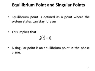 • Equilibrium point is defined as a point where the
system states can stay forever
• This implies that
• A singular point is an equilibrium point in the phase
plane.
0

)
(t
x

Equilibrium Point and Singular Points
21
 