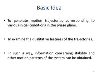 • To generate motion trajectories corresponding to
various initial conditions in the phase plane.
• To examine the qualitative features of the trajectories.
• In such a way, information concerning stability and
other motion patterns of the system can be obtained.
Basic Idea
3
 