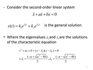 - Consider the second-order linear system
is the general solution
• Where the eigenvalues and are the solutions
of the characteristic equation
0
x ax bx
  
1 2
1 2
( ) t t
x t k e k e
 
 
1
 2

2
1 2
2 2
1 2
( )( ) 0
( 4 ) ( 4 )
,
2 2
s as b s s
a a b a a b
 
 
     
     
  
8
 