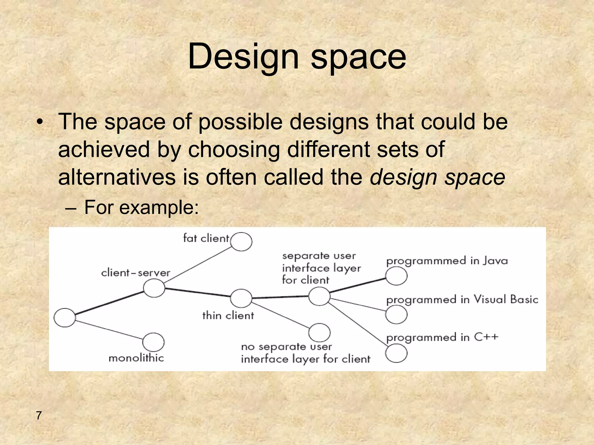 7
Design space
• The space of possible designs that could be
achieved by choosing different sets of
alternatives is often called the design space
– For example:
 