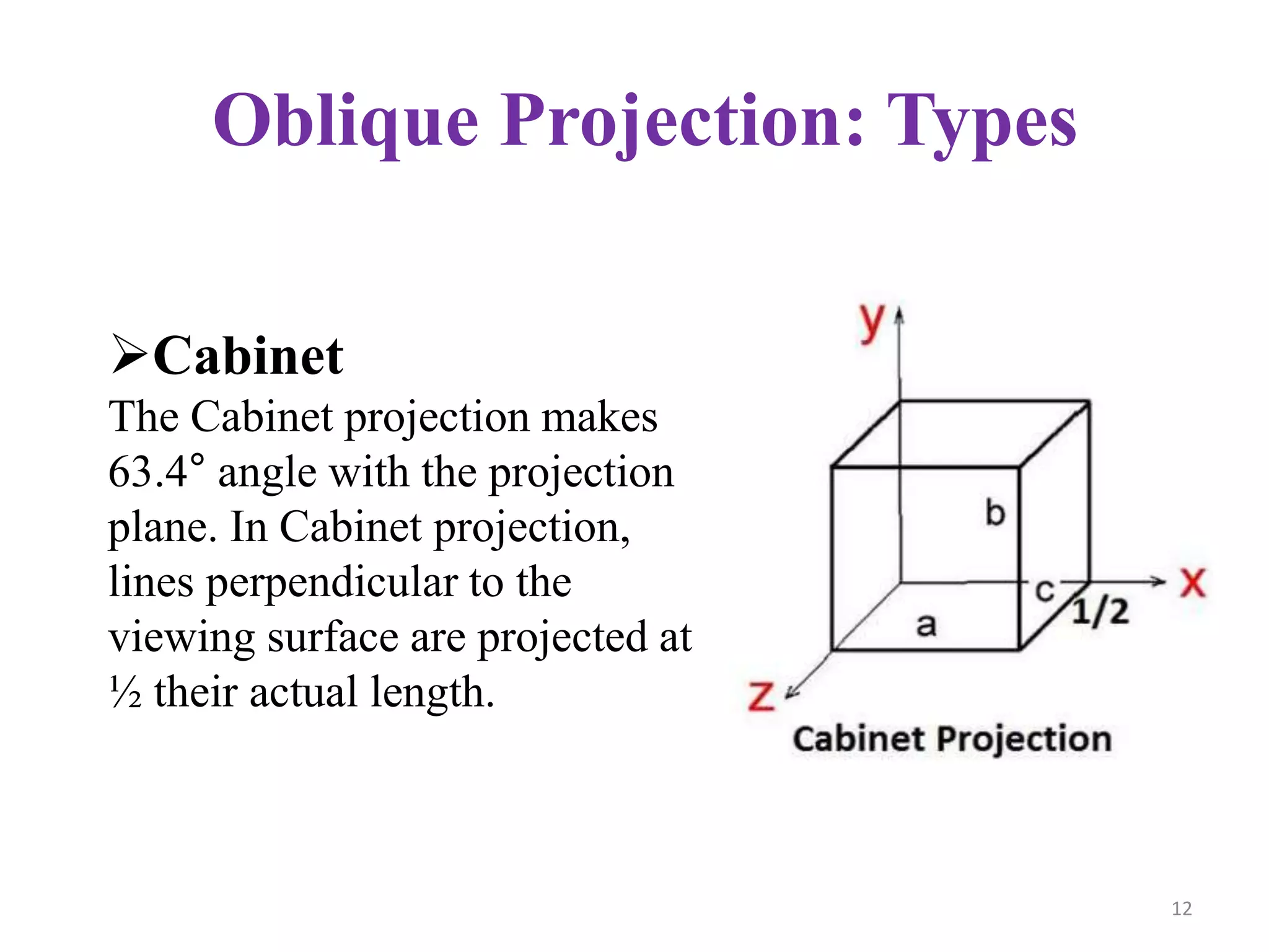 Cabinet
The Cabinet projection makes
63.4° angle with the projection
plane. In Cabinet projection,
lines perpendicular to the
viewing surface are projected at
½ their actual length.
Oblique Projection: Types
12
 