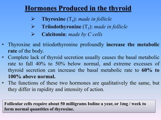 • Thyroxine and triiodothyronine profoundly increase the metabolic
rate of the body.
• Complete lack of thyroid secretion usually causes the basal metabolic
rate to fall 40% to 50% below normal, and extreme excesses of
thyroid secretion can increase the basal metabolic rate to 60% to
100% above normal.
• The functions of these two hormones are qualitatively the same, but
they differ in rapidity and intensity of action.
Follicular cells require about 50 milligrams Iodine a year, or 1mg / week to
form normal quantities of thyroxine.
➢ Thyroxine (T4): made in follicle
➢ Triiodothyronine (T3): made in follicle
➢ Calcitonin: made by C cells
Hormones Produced in the thyroid
 