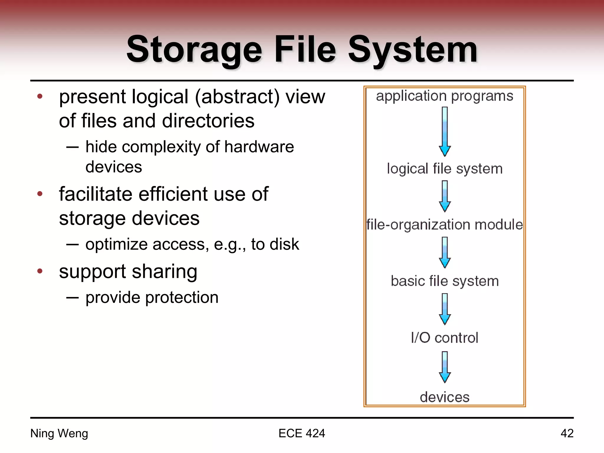 Storage File System
• present logical (abstract) view
of files and directories
─ hide complexity of hardware
devices
• facilitate efficient use of
storage devices
─ optimize access, e.g., to disk
• support sharing
─ provide protection
Ning Weng ECE 424 42
 