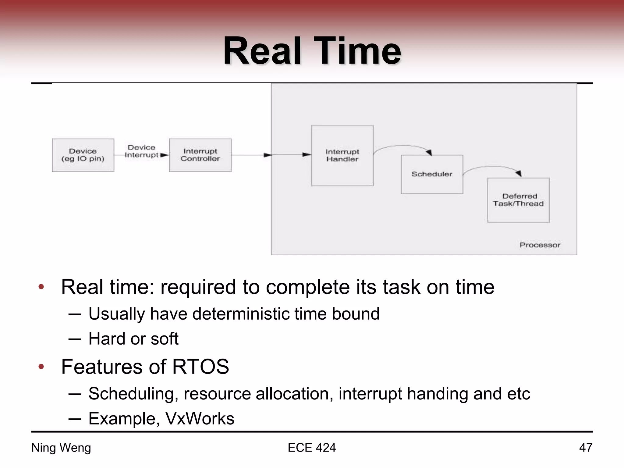 Real Time
• Real time: required to complete its task on time
─ Usually have deterministic time bound
─ Hard or soft
• Features of RTOS
─ Scheduling, resource allocation, interrupt handing and etc
─ Example, VxWorks
Ning Weng ECE 424 47
 