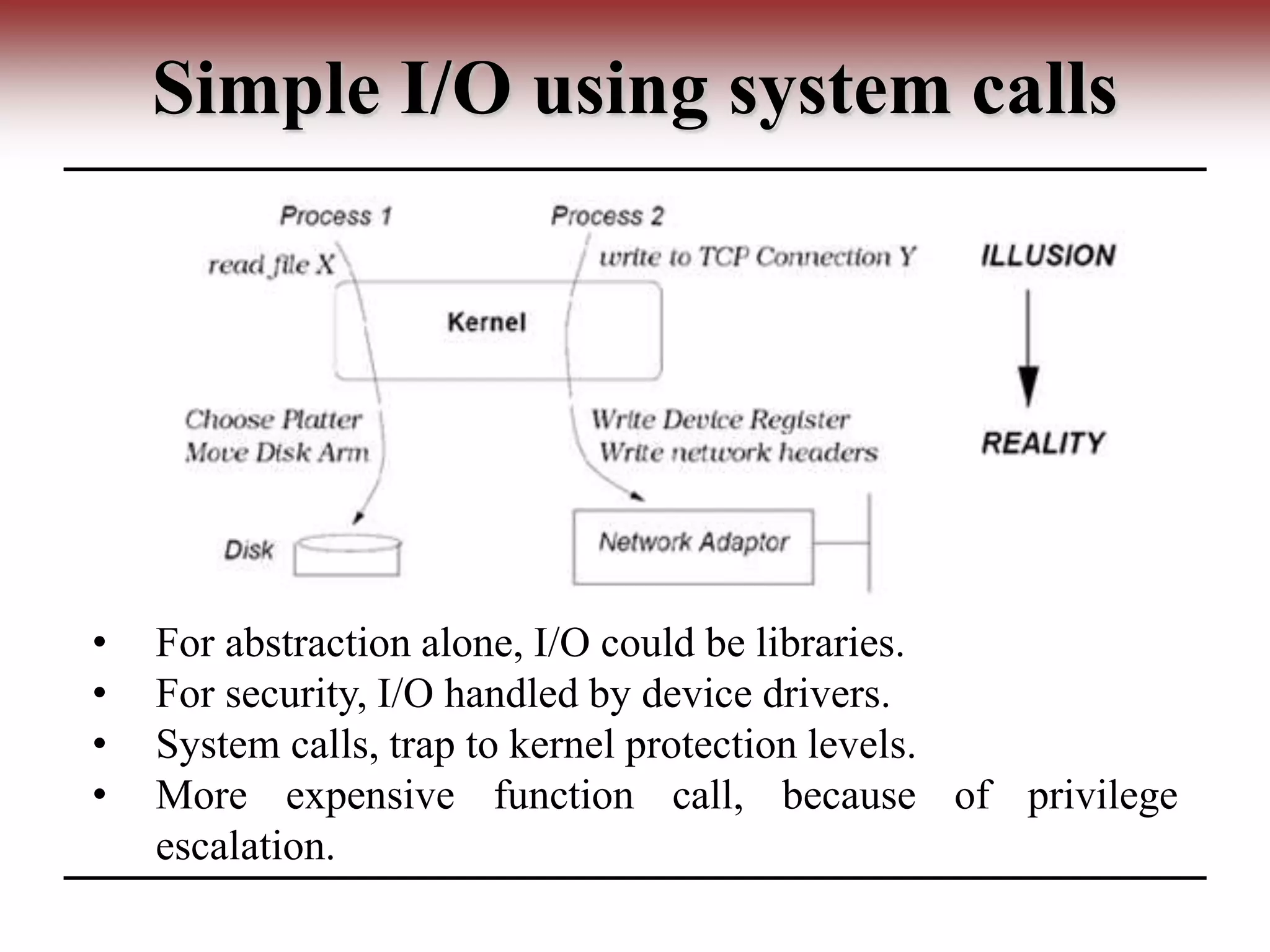Simple I/O using system calls
• For abstraction alone, I/O could be libraries.
• For security, I/O handled by device drivers.
• System calls, trap to kernel protection levels.
• More expensive function call, because of privilege
escalation.
 
