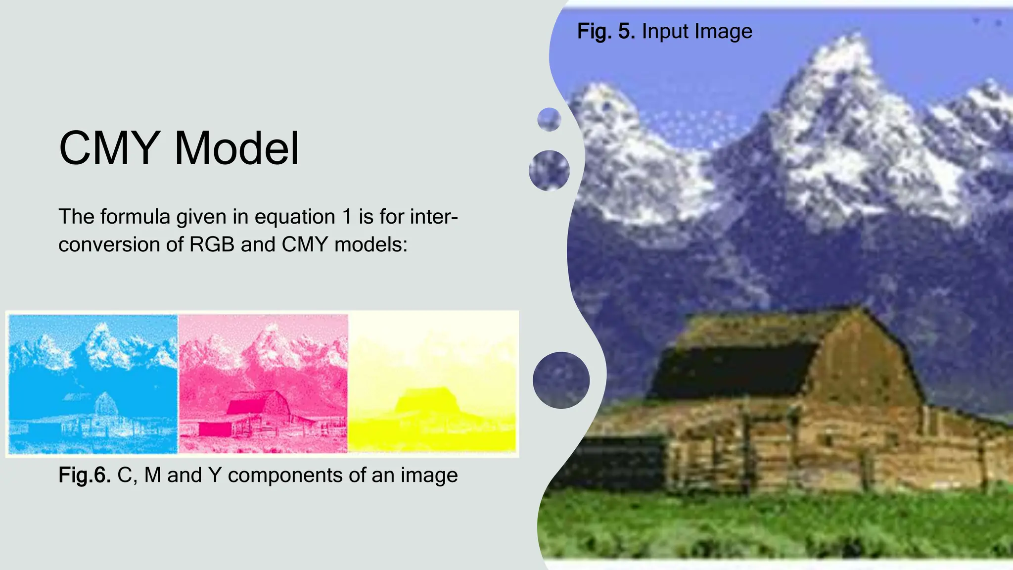 CMY Model
The formula given in equation 1 is for inter-
conversion of RGB and CMY models:
Fig.6. C, M and Y components of an image
Fig. 5. Input Image
 