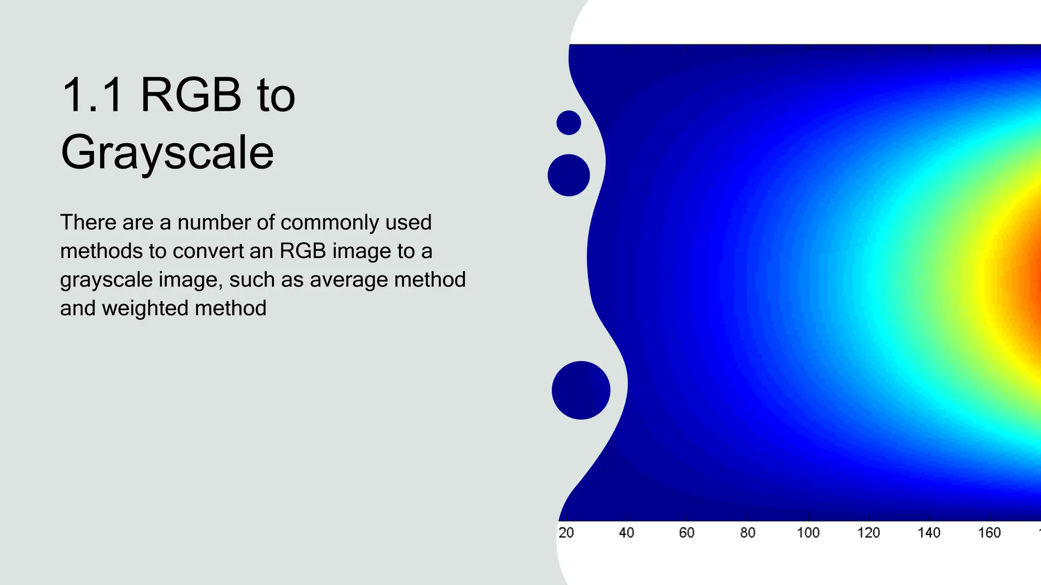 1.1 RGB to
Grayscale
There are a number of commonly used
methods to convert an RGB image to a
grayscale image, such as average method
and weighted method
 