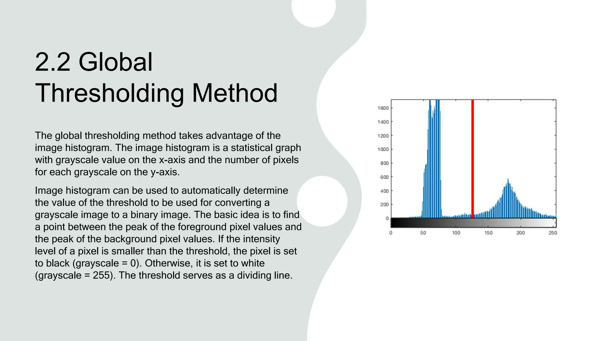 2.2 Global
Thresholding Method
The global thresholding method takes advantage of the
image histogram. The image histogram is a statistical graph
with grayscale value on the x-axis and the number of pixels
for each grayscale on the y-axis.
Image histogram can be used to automatically determine
the value of the threshold to be used for converting a
grayscale image to a binary image. The basic idea is to find
a point between the peak of the foreground pixel values and
the peak of the background pixel values. If the intensity
level of a pixel is smaller than the threshold, the pixel is set
to black (grayscale = 0). Otherwise, it is set to white
(grayscale = 255). The threshold serves as a dividing line.
 