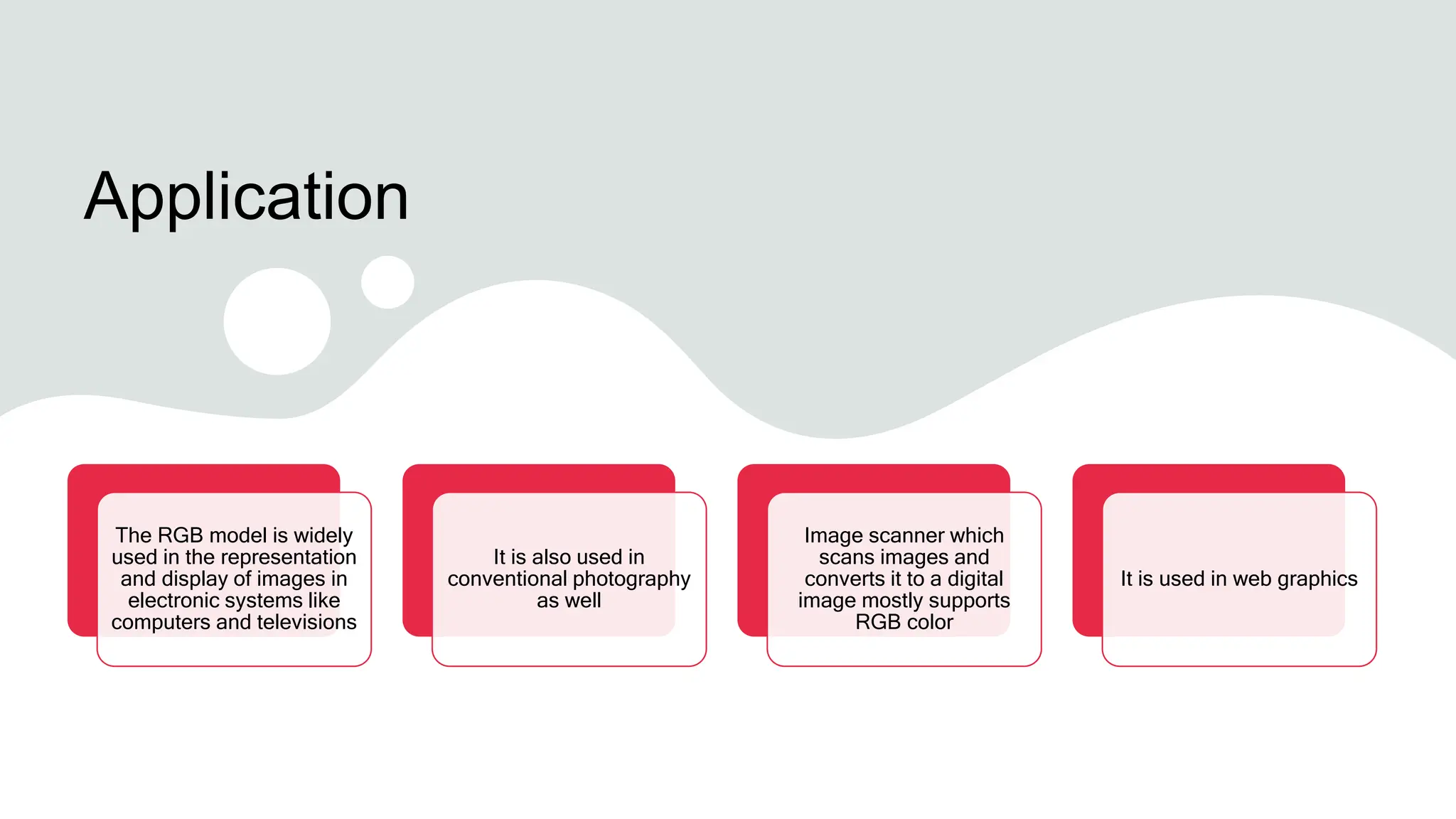 Application
The RGB model is widely
used in the representation
and display of images in
electronic systems like
computers and televisions
It is also used in
conventional photography
as well
Image scanner which
scans images and
converts it to a digital
image mostly supports
RGB color
It is used in web graphics
 