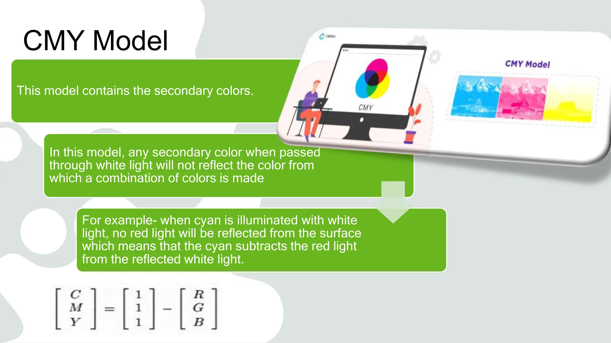CMY Model
This model contains the secondary colors.
In this model, any secondary color when passed
through white light will not reflect the color from
which a combination of colors is made
For example- when cyan is illuminated with white
light, no red light will be reflected from the surface
which means that the cyan subtracts the red light
from the reflected white light.
 