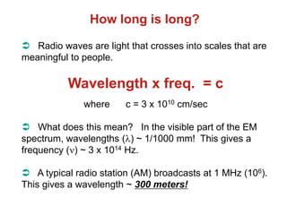 How long is long?
 Radio waves are light that crosses into scales that are
meaningful to people.
Wavelength x freq. = c
where c = 3 x 1010 cm/sec
 What does this mean? In the visible part of the EM
spectrum, wavelengths () ~ 1/1000 mm! This gives a
frequency () ~ 3 x 1014 Hz.
 A typical radio station (AM) broadcasts at 1 MHz (106).
This gives a wavelength ~ 300 meters!
 