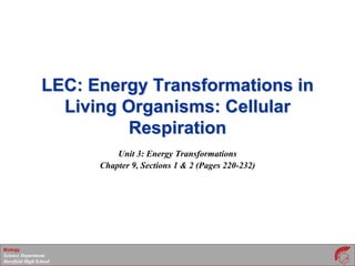 Biology
Science Department
Deerfield High School
LEC: Energy Transformations in
Living Organisms: Cellular
Respiration
Unit 3: Energy Transformations
Chapter 9, Sections 1 & 2 (Pages 220-232)
 