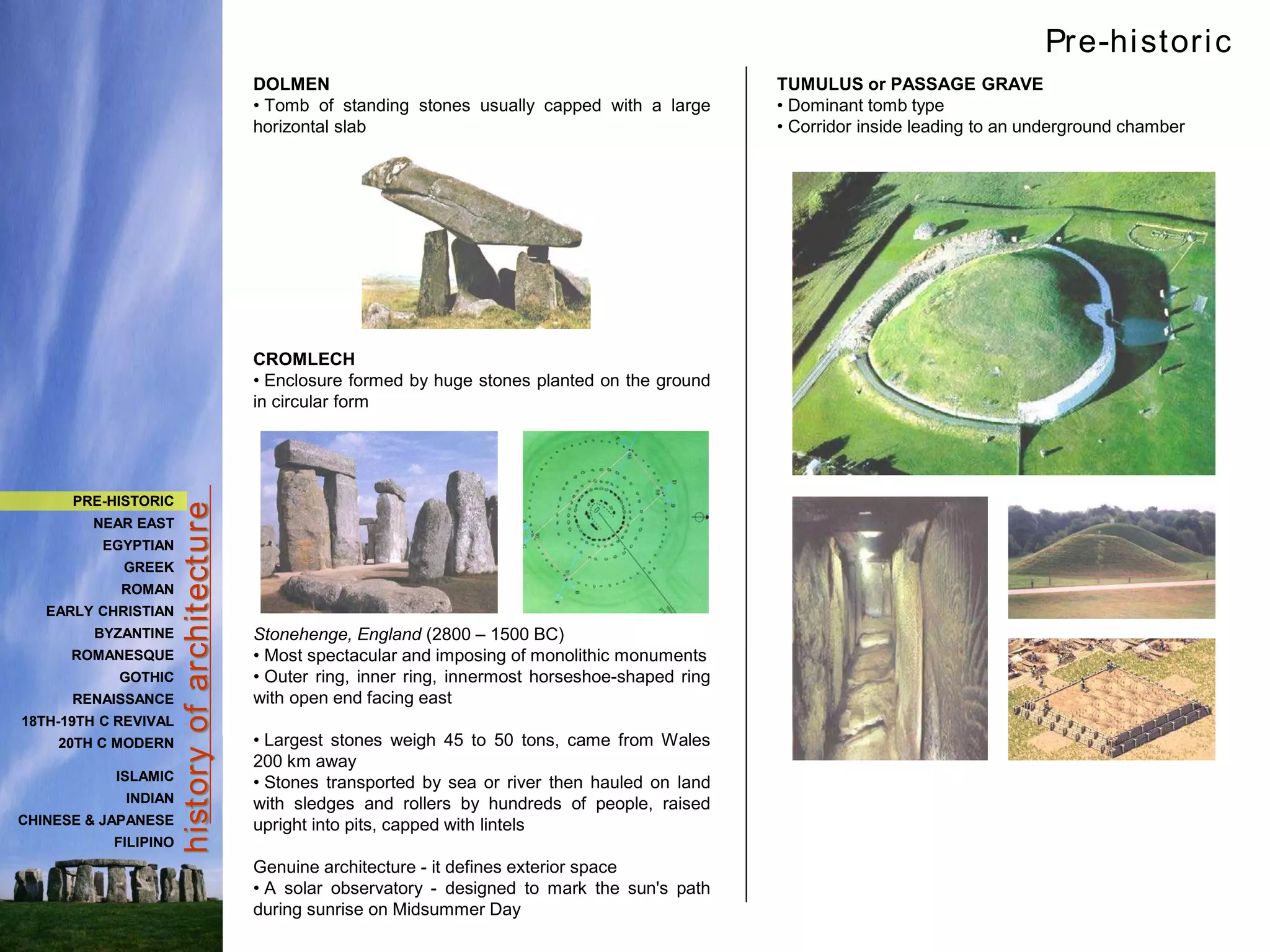 hist
ory
of
archit
ect
ure
DOLMEN
• Tomb of standing stones usually capped with a large
horizontal slab
CROMLECH
• Enclosure formed by huge stones planted on the ground
in circular form
Stonehenge, England (2800 – 1500 BC)
• Most spectacular and imposing of monolithic monuments
• Outer ring, inner ring, innermost horseshoe-shaped ring
with open end facing east
• Largest stones weigh 45 to 50 tons, came from Wales
200 km away
• Stones transported by sea or river then hauled on land
with sledges and rollers by hundreds of people, raised
upright into pits, capped with lintels
Genuine architecture - it defines exterior space
• A solar observatory - designed to mark the sun's path
during sunrise on Midsummer Day
TUMULUS or PASSAGE GRAVE
• Dominant tomb type
• Corridor inside leading to an underground chamber
Pre-historic
PRE-HISTORIC
NEAR EAST
EGYPTIAN
GREEK
ROMAN
EARLY CHRISTIAN
BYZANTINE
ROMANESQUE
GOTHIC
RENAISSANCE
18TH-19TH C REVIVAL
20TH C MODERN
ISLAMIC
INDIAN
CHINESE & JAPANESE
FILIPINO
 