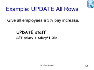 Dr. Ejaz Ahmed 106
Example: UPDATE All Rows
Give all employees a 3% pay increase.
UPDATE staff
SET salary = salary*1.03;
 