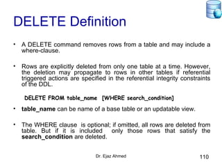 Dr. Ejaz Ahmed 110
DELETE Definition
• A DELETE command removes rows from a table and may include a
where-clause.
• Rows are explicitly deleted from only one table at a time. However,
the deletion may propagate to rows in other tables if referential
triggered actions are specified in the referential integrity constraints
of the DDL.
DELETE FROM table_name [WHERE search_condition]
• table_name can be name of a base table or an updatable view.
• The WHERE clause is optional; if omitted, all rows are deleted from
table. But if it is included only those rows that satisfy the
search_condition are deleted.
 