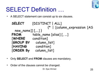 Dr. Ejaz Ahmed 25
SELECT Definition …
• A SELECT statement can consist up to six clauses.
SELECT [DISTINCT | ALL]
{* | [column_expression [AS
new_name]] [,...] }
FROM table_name [alias] [, ...]
[WHERE condition]
[GROUP BY column_list]
[HAVING condition]
[ORDER By column_list]
• Only SELECT and FROM clauses are mandatory.
• Order of the clauses cannot be changed.
 