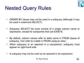 Dr. Ejaz Ahmed 60
Nested Query Rules
• ORDER BY clause may not be used in a subquery (although it may
be used in outermost SELECT).
• Subquery SELECT list must consist of a single column name or
expression, except for subqueries that use EXISTS.
• By default, column names refer to table name in FROM clause of
subquery. Can refer to a table in FROM using an alias.
• When subquery is an operand in a comparison, subquery must
appear on right-hand side.
• A subquery may not be used as an operand in an expression.
 
