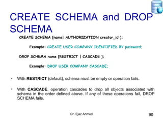 Dr. Ejaz Ahmed 90
CREATE SCHEMA and DROP
SCHEMA
CREATE SCHEMA [name| AUTHORIZATION creator_id ];
Example: CREATE USER COMPANY IDENTIFIED BY password;
DROP SCHEMA name [RESTRICT | CASCADE ];
Example: DROP USER COMPANY CASCADE;
• With RESTRICT (default), schema must be empty or operation fails.
• With CASCADE, operation cascades to drop all objects associated with
schema in the order defined above. If any of these operations fail, DROP
SCHEMA fails.
 