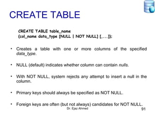 Dr. Ejaz Ahmed 91
CREATE TABLE
CREATE TABLE table_name
(col_name data_type [NULL | NOT NULL] [,...]);
• Creates a table with one or more columns of the specified
data_type.
• NULL (default) indicates whether column can contain nulls.
• With NOT NULL, system rejects any attempt to insert a null in the
column.
• Primary keys should always be specified as NOT NULL.
• Foreign keys are often (but not always) candidates for NOT NULL.
 