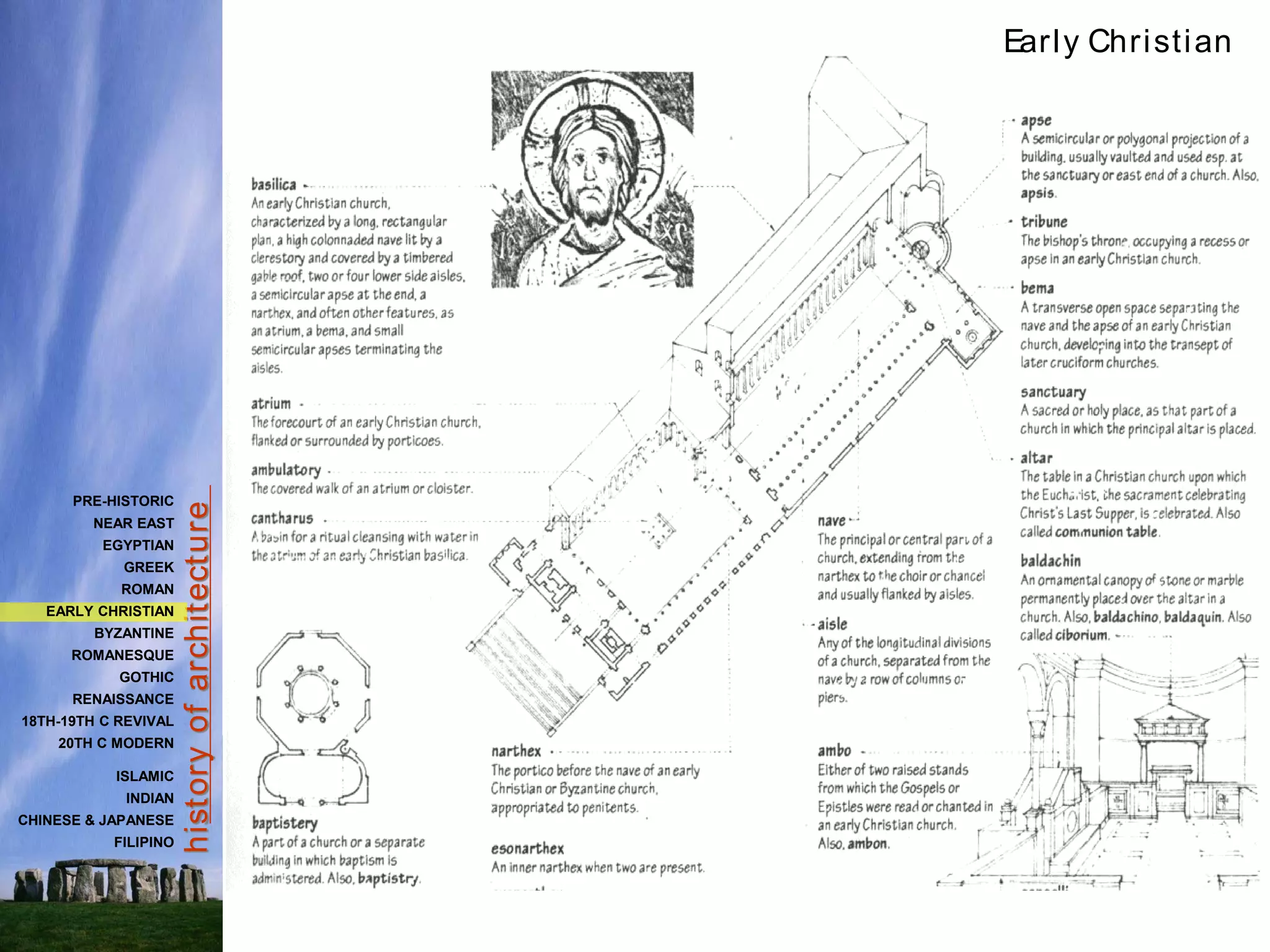 hist
ory
of
archit
ect
ure
Early Christian
PRE-HISTORIC
NEAR EAST
EGYPTIAN
GREEK
ROMAN
EARLY CHRISTIAN
BYZANTINE
ROMANESQUE
GOTHIC
RENAISSANCE
18TH-19TH C REVIVAL
20TH C MODERN
ISLAMIC
INDIAN
CHINESE & JAPANESE
FILIPINO
 