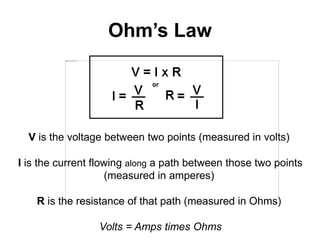 V is the voltage between two points (measured in volts)
I is the current flowing along a path between those two points
(measured in amperes)
R is the resistance of that path (measured in Ohms)
Volts = Amps times Ohms
Ohm’s Law
 