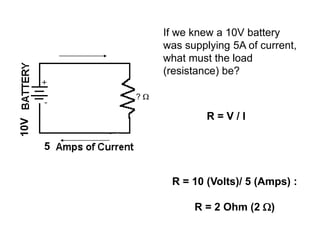If we knew a 10V battery
was supplying 5A of current,
what must the load
(resistance) be?
R = 10 (Volts)/ 5 (Amps) :
R = 2 Ohm (2 W)
R = V / I
? W
5
10V
 