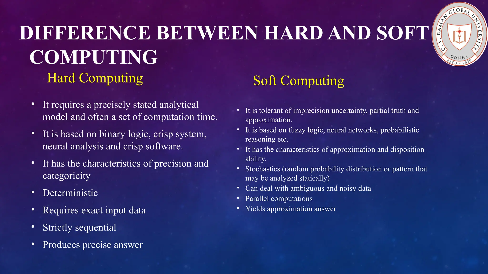 DIFFERENCE BETWEEN HARD AND SOFT COMPUTING Hard Computing • It requires a precisely stated analytical model and often a set of computation time. • It is based on binary logic, crisp system, neural analysis and crisp software. • It has the characteristics of precision and categoricity • Deterministic • Requires exact input data • Strictly sequential • Produces precise answer Soft Computing • It is tolerant of imprecision uncertainty, partial truth and approximation. • It is based on fuzzy logic, neural networks, probabilistic reasoning etc. • It has the characteristics of approximation and disposition ability. • Stochastics.(random probability distribution or pattern that may be analyzed statically) • Can deal with ambiguous and noisy data • Parallel computations • Yields approximation answer 