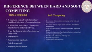 DIFFERENCE BETWEEN HARD AND SOFT
COMPUTING
Hard Computing
• It requires a precisely stated analytical
model and often a set of computation time.
• It is based on binary logic, crisp system,
neural analysis and crisp software.
• It has the characteristics of precision and
categoricity
• Deterministic
• Requires exact input data
• Strictly sequential
• Produces precise answer
Soft Computing
• It is tolerant of imprecision uncertainty, partial truth and
approximation.
• It is based on fuzzy logic, neural networks, probabilistic
reasoning etc.
• It has the characteristics of approximation and disposition
ability.
• Stochastics.(random probability distribution or pattern that
may be analyzed statically)
• Can deal with ambiguous and noisy data
• Parallel computations
• Yields approximation answer
 