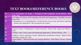 TEXT BOOKS/REFERENCE BOOKS
T1. S.N. Sivanandam, S.N. Deepa , “ Principles of Soft Computing”, Second Edition, Wiley
India, 2011.
T2. N.P. Padhy, S.P. Simon, “Soft Computing with MATLAB Programming”, OXFORD University
Press, 2015.
T3. S. Rajasekaran, G.A. Vijaylakshmi Pai, “Neural Network, Fuzzy Logic, and Genetic Algorithms
– Synthesis and Applications”, PHI Learning Private Limited.
R1. Laurence Fausett, “Fundamentals of Neural Networks”, Prentice Hall, Englewood Cliffs,N.J.,
1992.
R2. Timothy J. Ross, “Fuzzy Logic with Engineering Applications”, McGraw Hill Inc., 1997.
R3. Goldberg, “Genetic Algorithm in Search, Optimization and Machine learning”, Addison Wesley
Publishing Company Inc. 1989.
R4. Simon Haykin, “ Neural Networks and Learning Machines”, Third Edition, Pearson –Prentice
Hall
 