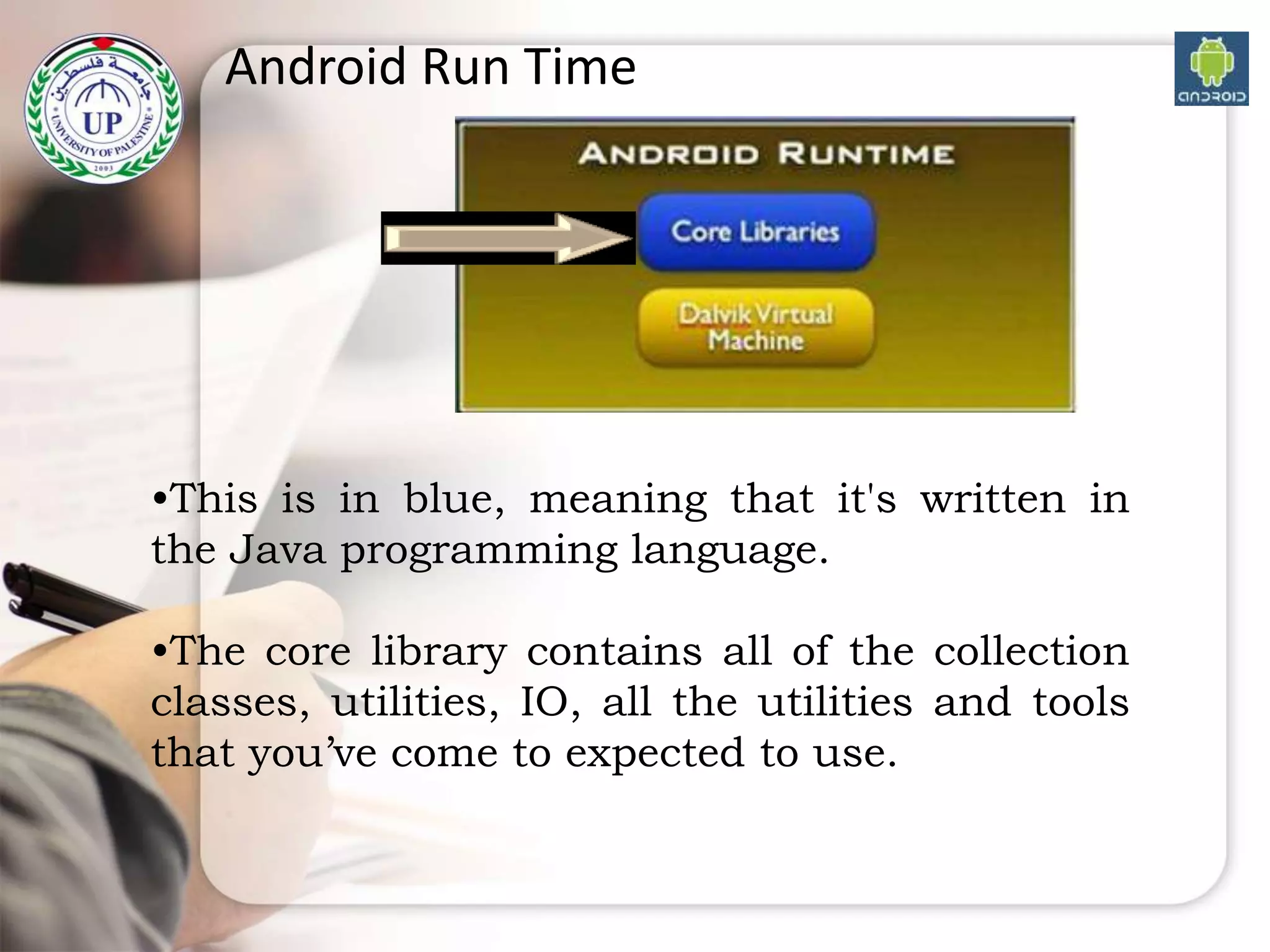 Android Run Time
•This is in blue, meaning that it's written in
the Java programming language.
•The core library contains all of the collection
classes, utilities, IO, all the utilities and tools
that you’ve come to expected to use.
 