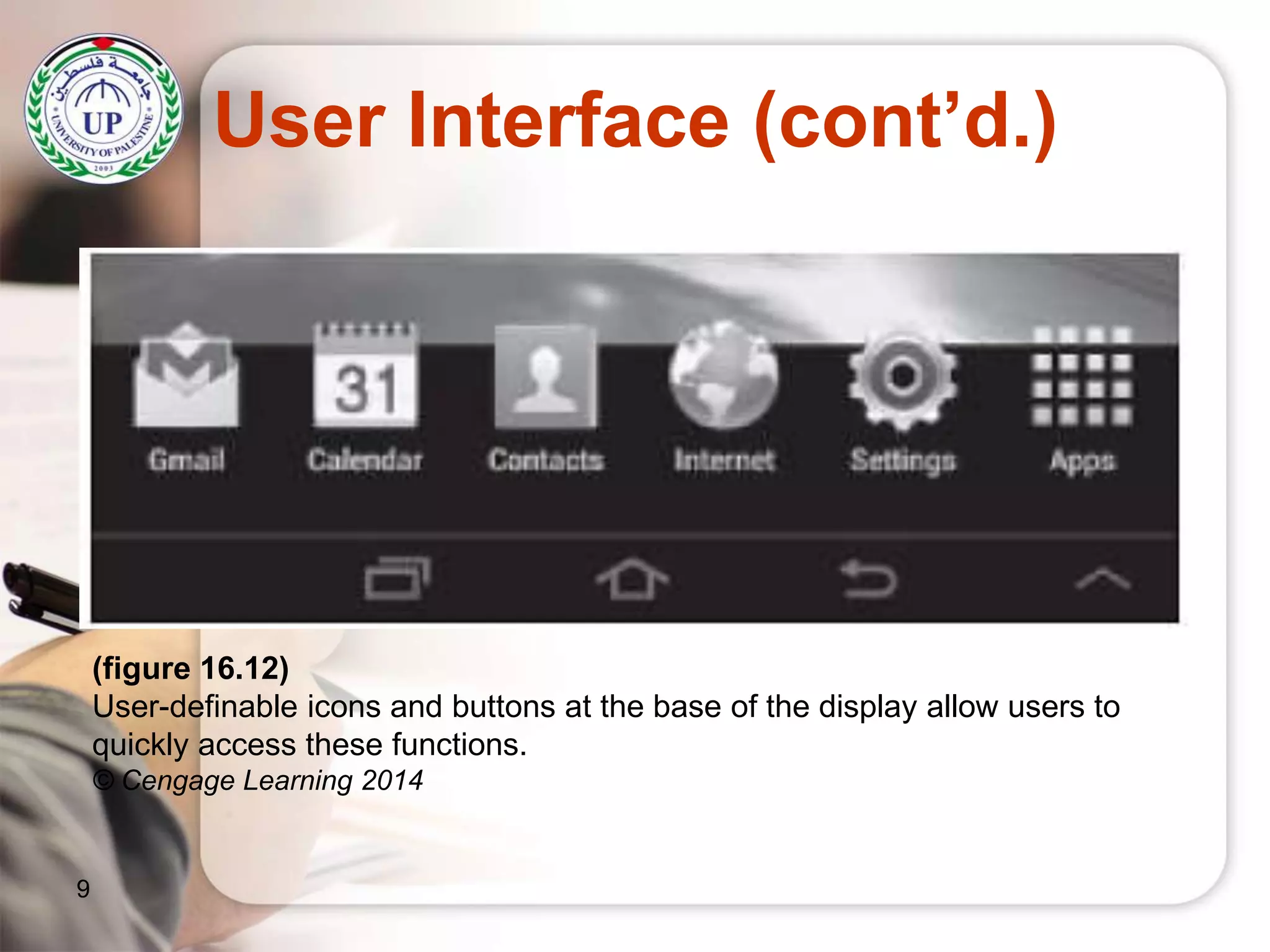 User Interface (cont’d.)
9
(figure 16.12)
User-definable icons and buttons at the base of the display allow users to
quickly access these functions.
© Cengage Learning 2014
 
